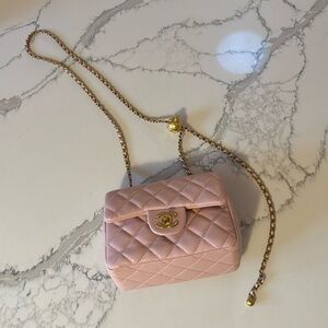 CC bag purse c h a n e l light pink leather adjustable gold chain crossbody
